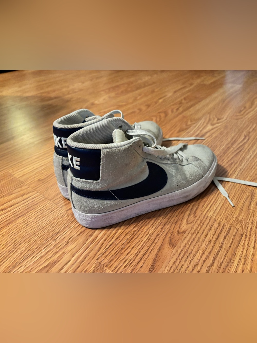 Nike Kids Light Gray Suede High-Top Sneakers with Navy Swoosh